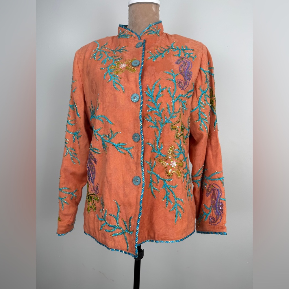 Embroidered Orange Blazer with Teal Accents